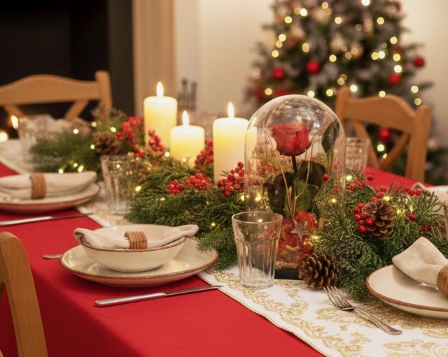 Table de Noël décorée avec roses et bougies sous cloche.